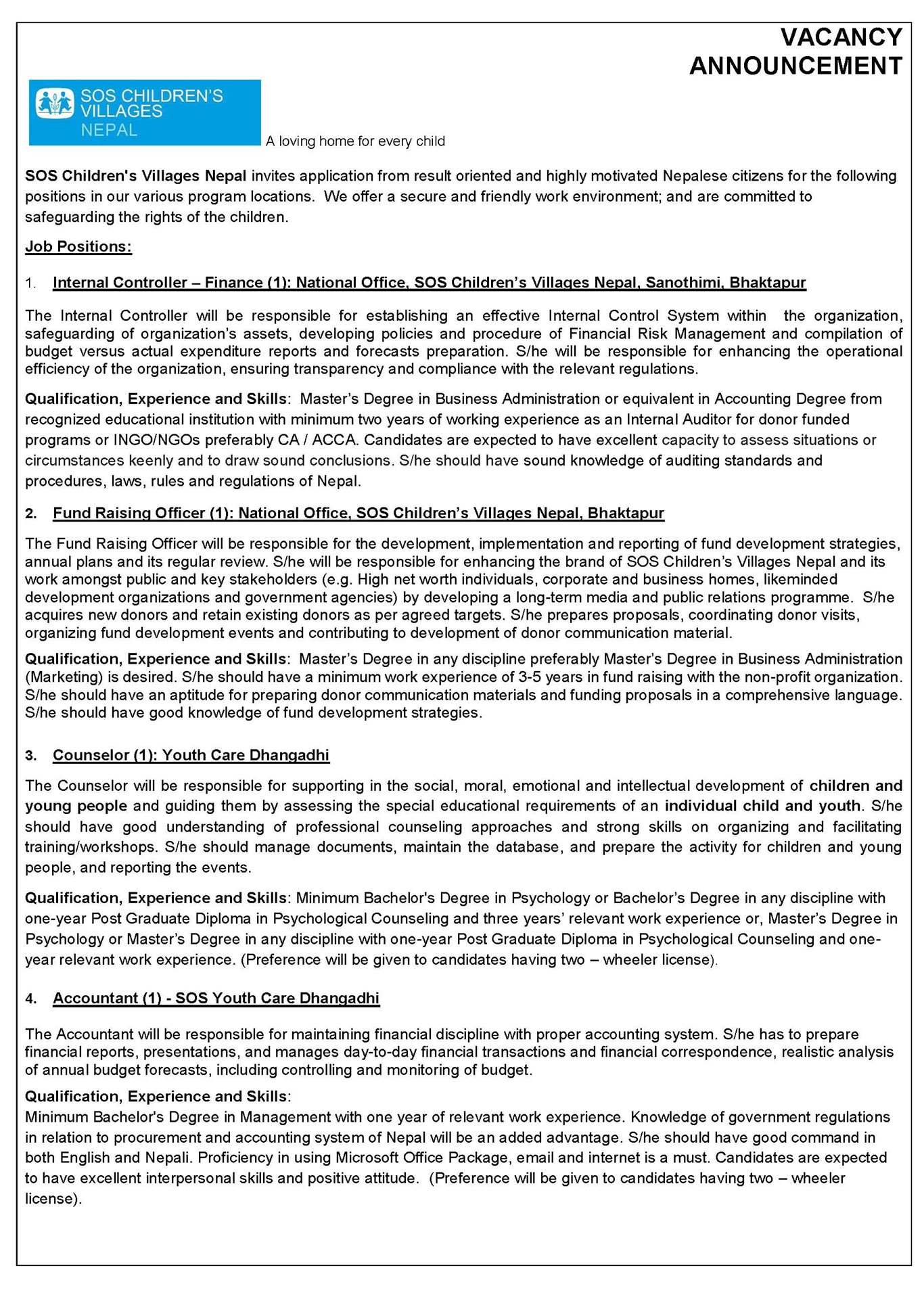 Careers SOS Children's Villages Nepal